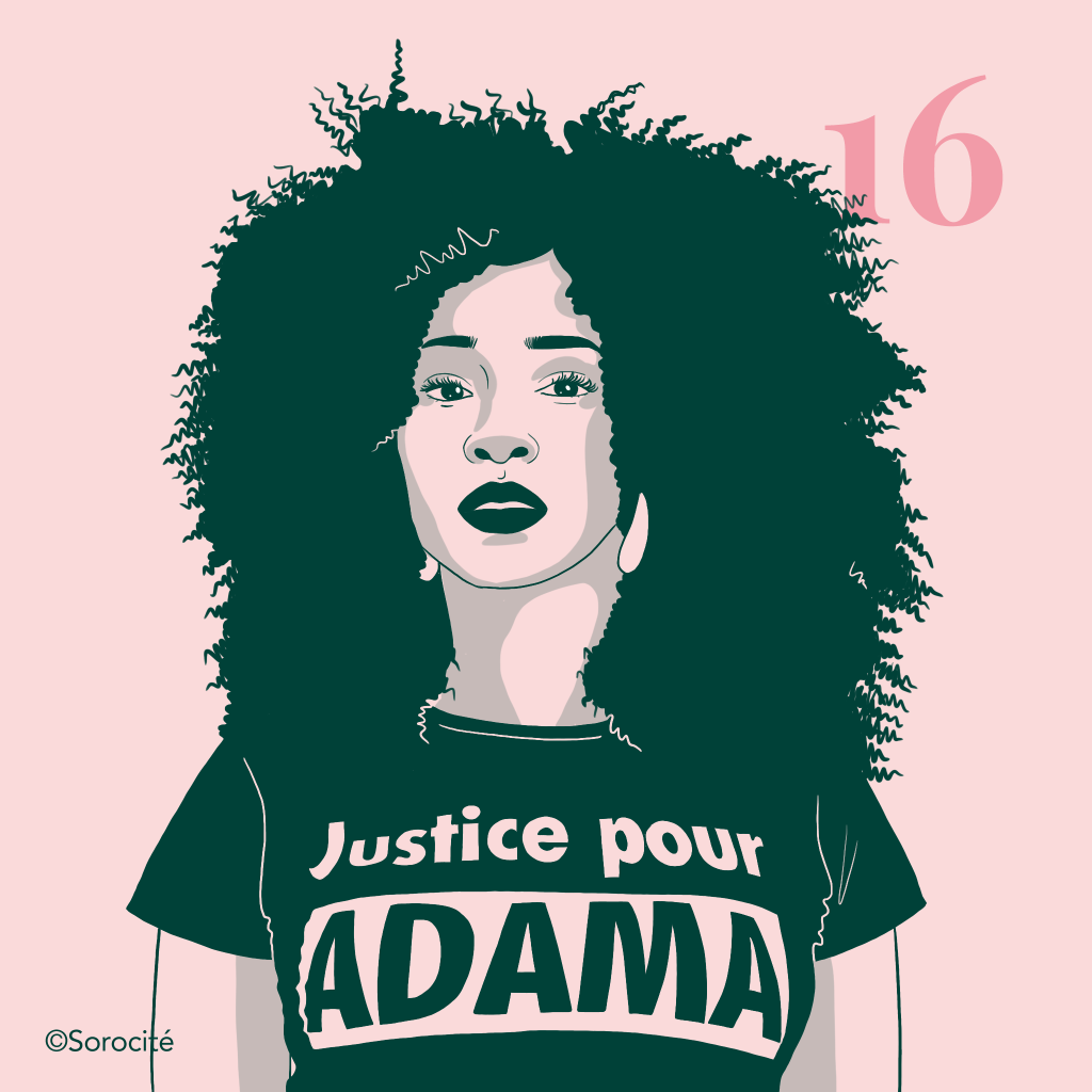 La militante Assa Traoré, de face portant un t-shirt Justice pour ADAMA, cheveux mi-longs au naturel lui arrivant aux épaules. 